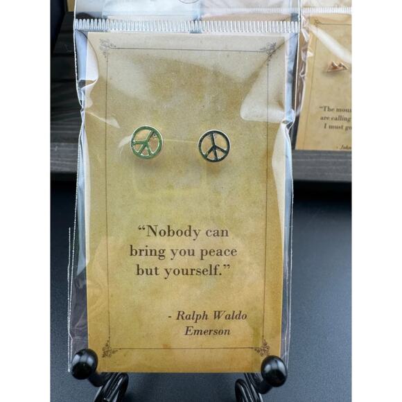 Bookish Quote Earrings - Silver Peace Sign Ralph Waldo Emerson - Picture 1 of 3